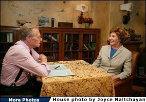Laura Bush talks with Larry King during an interview in Phoenix, Ariz., Oct. 12, 2004. White House photo by Joyce Naltchayan.