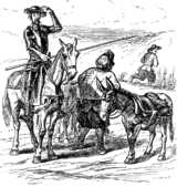 Der edle Don und sein Diener Sancho, gezeichnet von Grandville im Jahr 1848. Bild aus: Don Quijote, übersetzt von Ludwig Braunfels, dtv München, 1979.