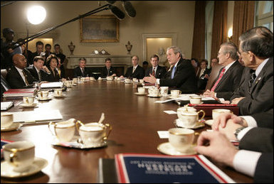 President George W. Bush answers reporters questions during a Cabinet meeting Thursday, Feb. 23, 2006 at the White House, where he condemned the destruction of the Golden Mosque in Iraq. White House photo by Eric Draper