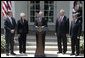 President George W. Bush delivers a statement on CAFE and alternative fuel standards Monday, May 14, 2007, in the Rose Garden. Pictured with President Bush are, from left: Energy Deputy Secretary Clay Sell, Transportation Secretary Mary Peters, EPA Administrator Stephen Johnson and Agricultural Secretary Mike Johanns. “Our dependence on oil creates a threat to America's national security, because it leaves us more vulnerable to hostile regimes, and to terrorists who could attack oil infrastructure,” said President Bush. White House photo by Joyce Boghosian