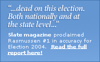 '...dead on this election. Both nationally and at the state level...' Slate magazine proclaimed Rasmussen #1 in accuracy for Election 2004. Read the full report here!