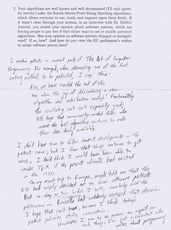 The portion of the paper where Knuth answered question 2 of this interview. Please note that he typographically quotes and typesets even when writing by hand: the quotation from TAOCP and the word TeX