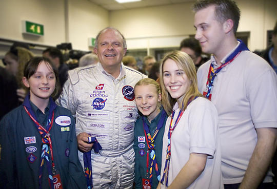 Scouts from the United Kingdom welcome Steve after he landed at Bournemouth Airport