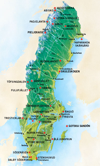 Karta över Sveriges 28 nationalparker