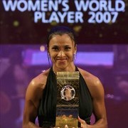 Women's World Player of the Year 2007 Marta of Brazil shows her trophy