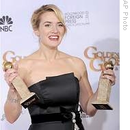 Kate Winslet poses with awards at the 66th Annual Golden Globe Awards in Beverly Hills, California, 11 Jan 2009