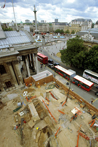 Photo looking across excavation site to Trafalgar Square