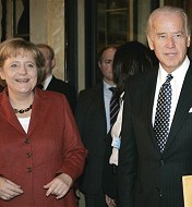 U.S. Vice President Joe Biden  with German Chancellor Angela Merkel after their bilateral meeting in Munich, 07 Feb 2009