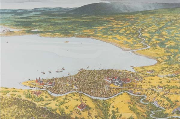 Middelalderens Oslo ca 1300, sett fra Eikaberg, tegning av Karl Fredrik Keller.