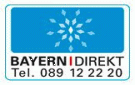 Logo der "Servicestelle der Bayer. Staatsregierung": dunkelblauer Hintergrund im oberen Bereich. Darauf hellere Rauten, die auf eine weiße Raute in der Mitte zulaufen. Darunter der TExt BAYERN DIREKT mit der Telefonnummer 01801/20 10 10.