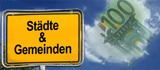 Ortsschild Stdte und Gemeinden in Hintergrund montiert mit einer Geldwolke; Rechte: WDR, dpa [M] Bsel