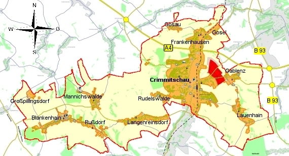 Das Bild zeigt die Landkarte der Stadt Crimmitschau mit allen Ortsteilen sowie die Anbindung an die Bundesstrae B93 und die Bundesautobahn A4.