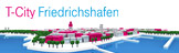 Virtuelles 3D-Modell von Friedrichshafen mit T-City Schriftzug.