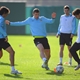 Edin Dzeko challenges Owen Hargreaves during a Manchester City training session