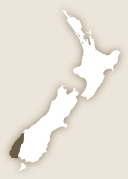 Map of New Zealand highlighting the Fiordland region. 