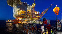 A night time view, as seen from the flotel of an operator looking out at the new Valhall process and hotel platform located in the Norwegian North Sea, Norway.