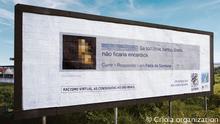 A billboard shows a Brazilian social media comment written in Portuguese